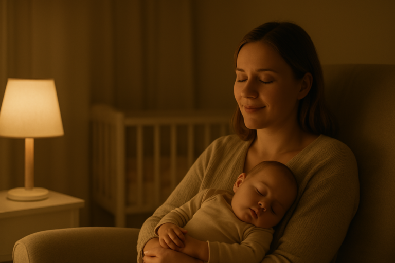 Mãe relaxa com o bebê dormindo em seu colo, em um quarto suavemente iluminado