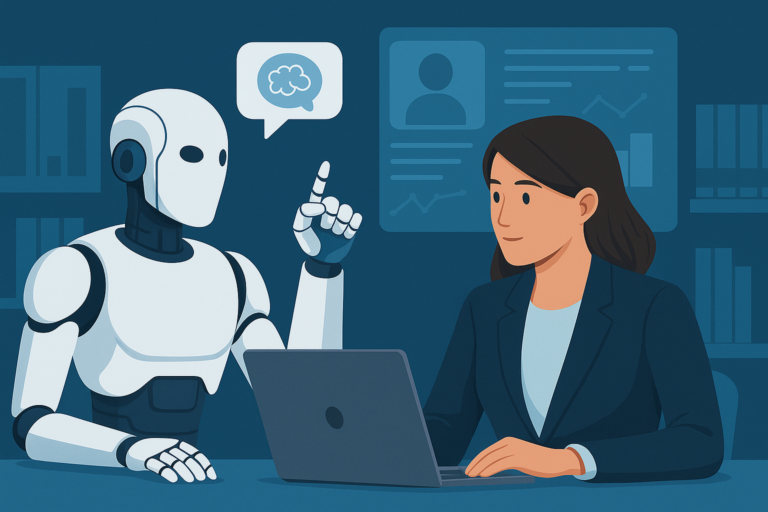 Profissional interagindo com uma inteligência artificial no ambiente de trabalho