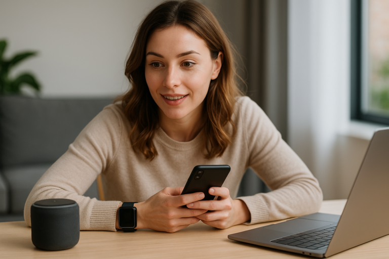 Mulher jovem interagindo com dispositivos de inteligência artificial, como laptop, smartwatch e assistente de voz, em ambiente moderno iluminado por luz natural.