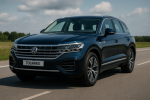 Volkswagen Touareg azul metálico estacionado em estrada arborizada durante o dia, com frente robusta, grade cromada e faróis de LED acesos.