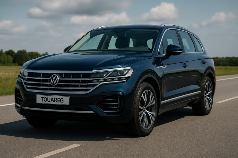 Volkswagen Touareg azul metálico estacionado em estrada arborizada durante o dia, com frente robusta, grade cromada e faróis de LED acesos.